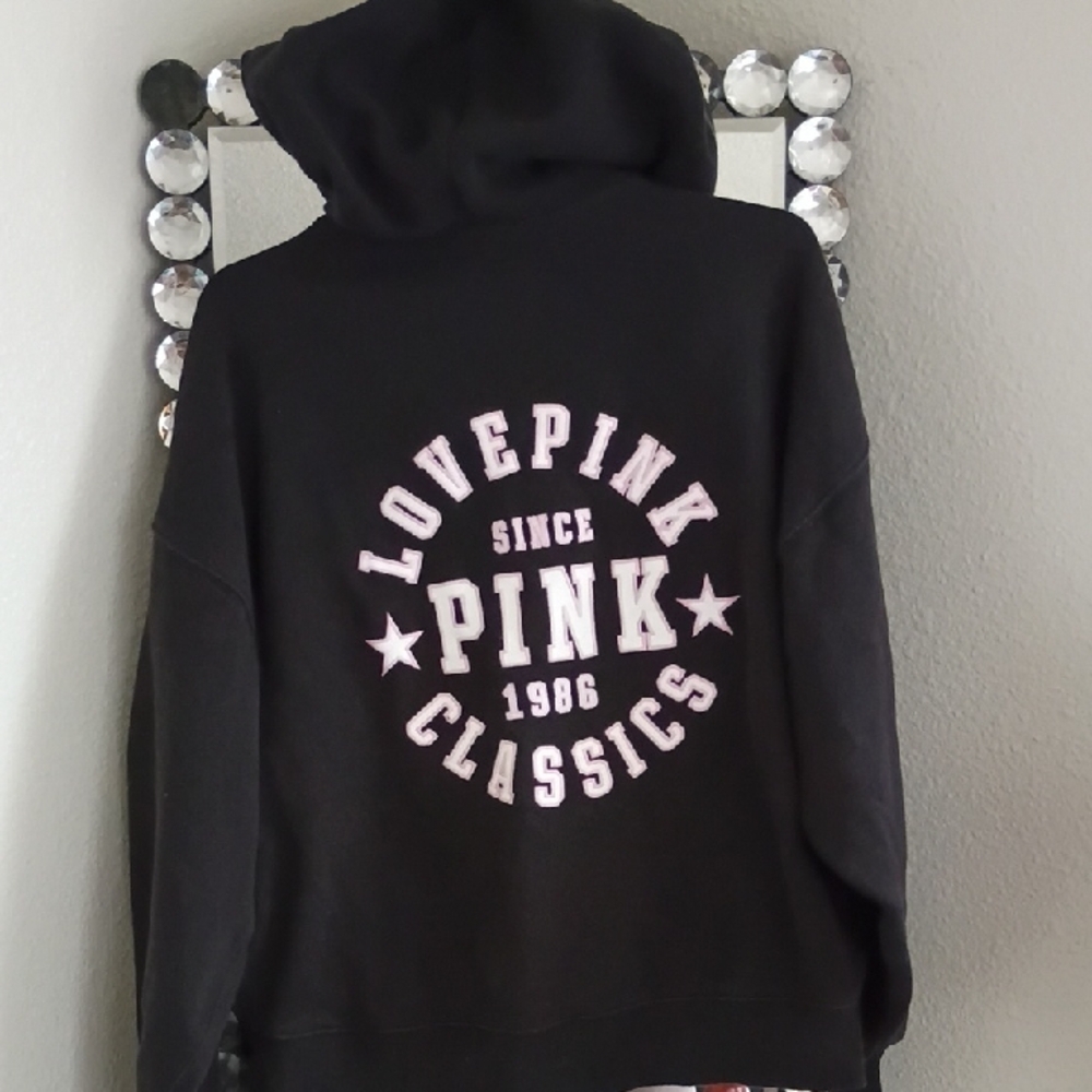 PINK Victoria's Secret Black Hoodie with Light Pink Logo